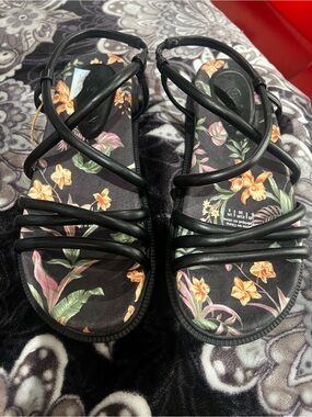 Roxy Black Floral Strappy Sandals with Orange & Green Accents
